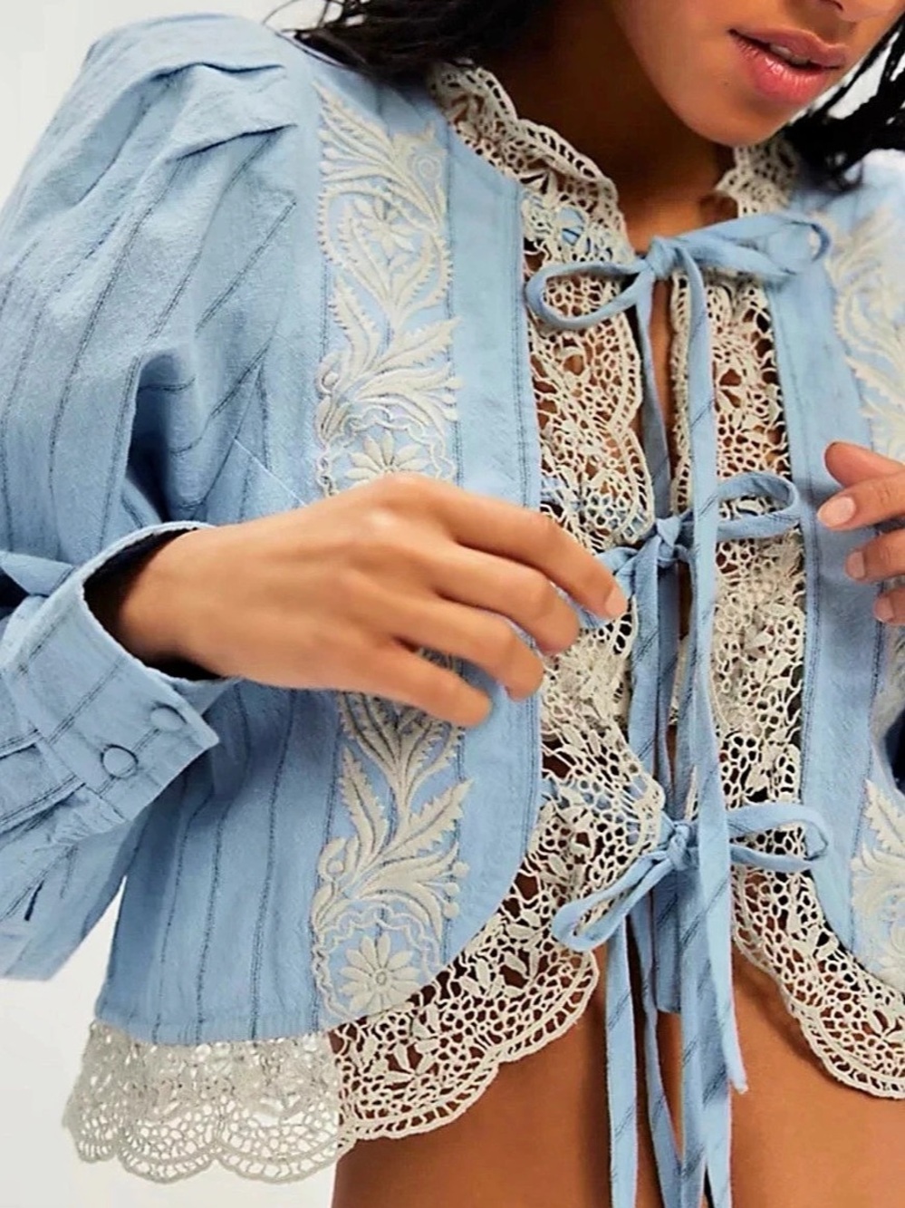 Free People Jude Top Embroidered Lace Blouse in Blue Size Large